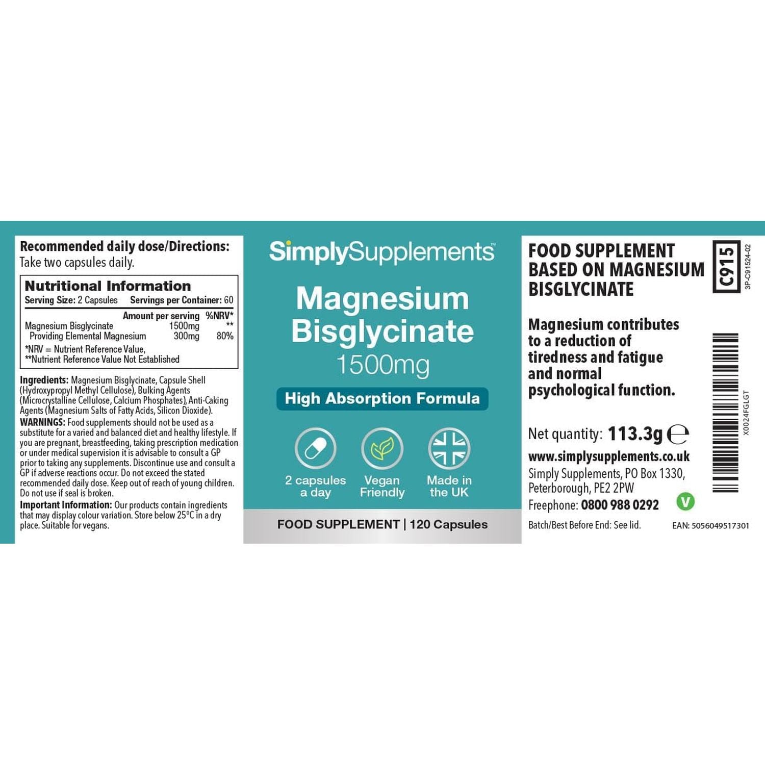 Magnesium Bisglycinate 1500Mg | Supports Energy, Muscle & Psychological Function | High Absorption, Gentle on Digestion | Vegan Friendly | 120 Capsules = 2 Months’ Supply | Gmp-Certified & Uk-Made
