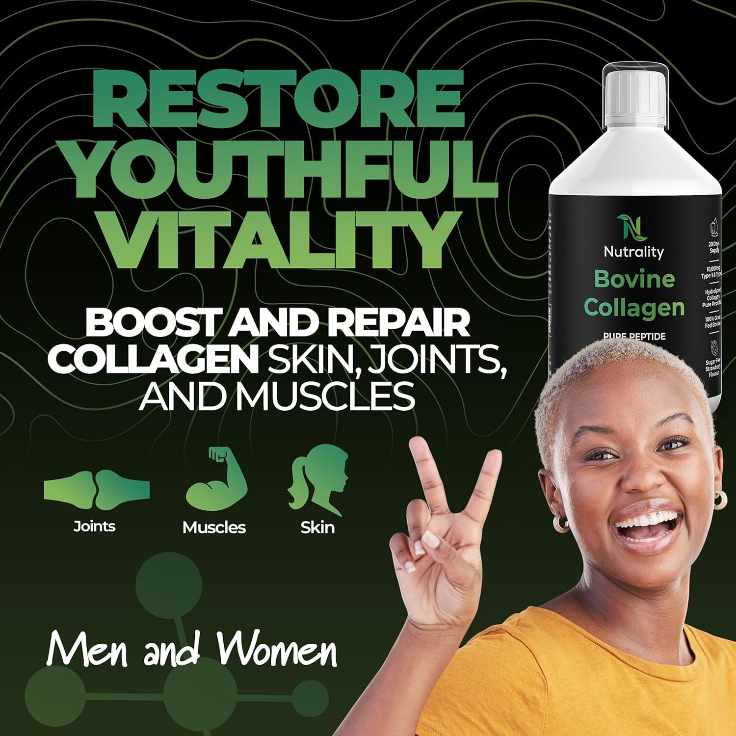 Nutrality Bovine Collagen Sugar Free Liquid | 10,000Mg Type 1 Peptides | Collagen Peptides, Hyaluronic Acid, Biotin | Strawberry Flavour | Healthy Skin, Hair, Nails | 500Ml (1 Bottle)