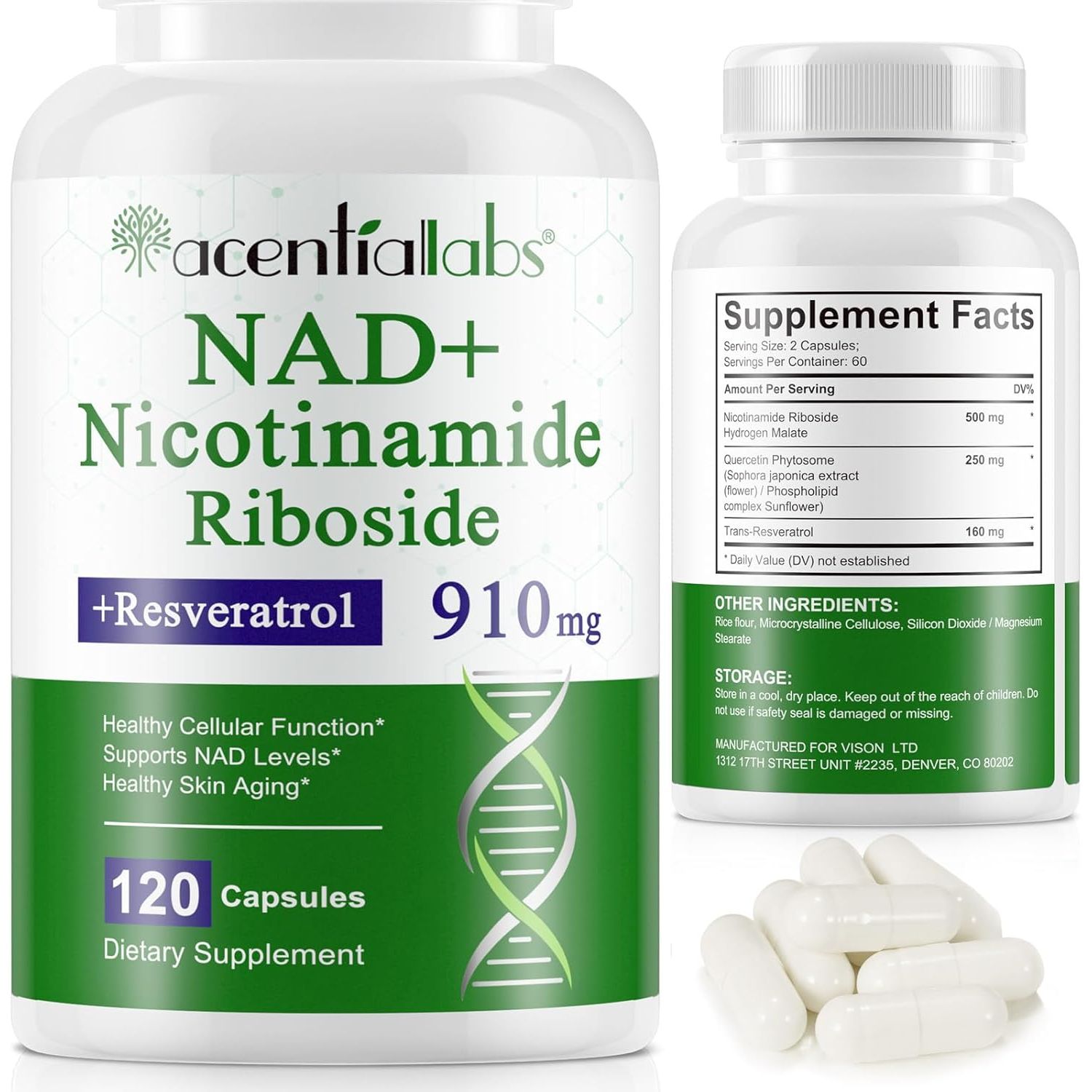 NAD+ Supplement 910Mg, Boost NAD+ Levels with Nicotinamide Riboside, Support Cellular Energy & Anti-Aging 120 Capsules