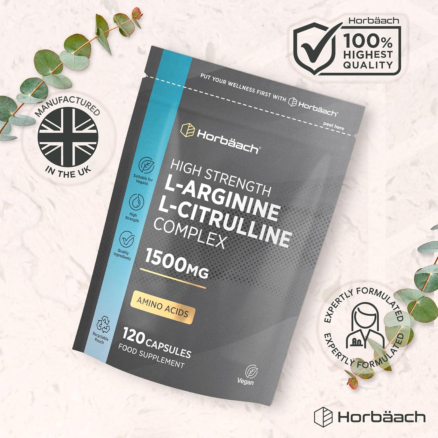 L Arginine and L Citrulline 1500Mg Capsules | 120 Count | Amino Acids | Supplements for Men and Women | Suitable for Vegans & Vegeterians | by Horbaach