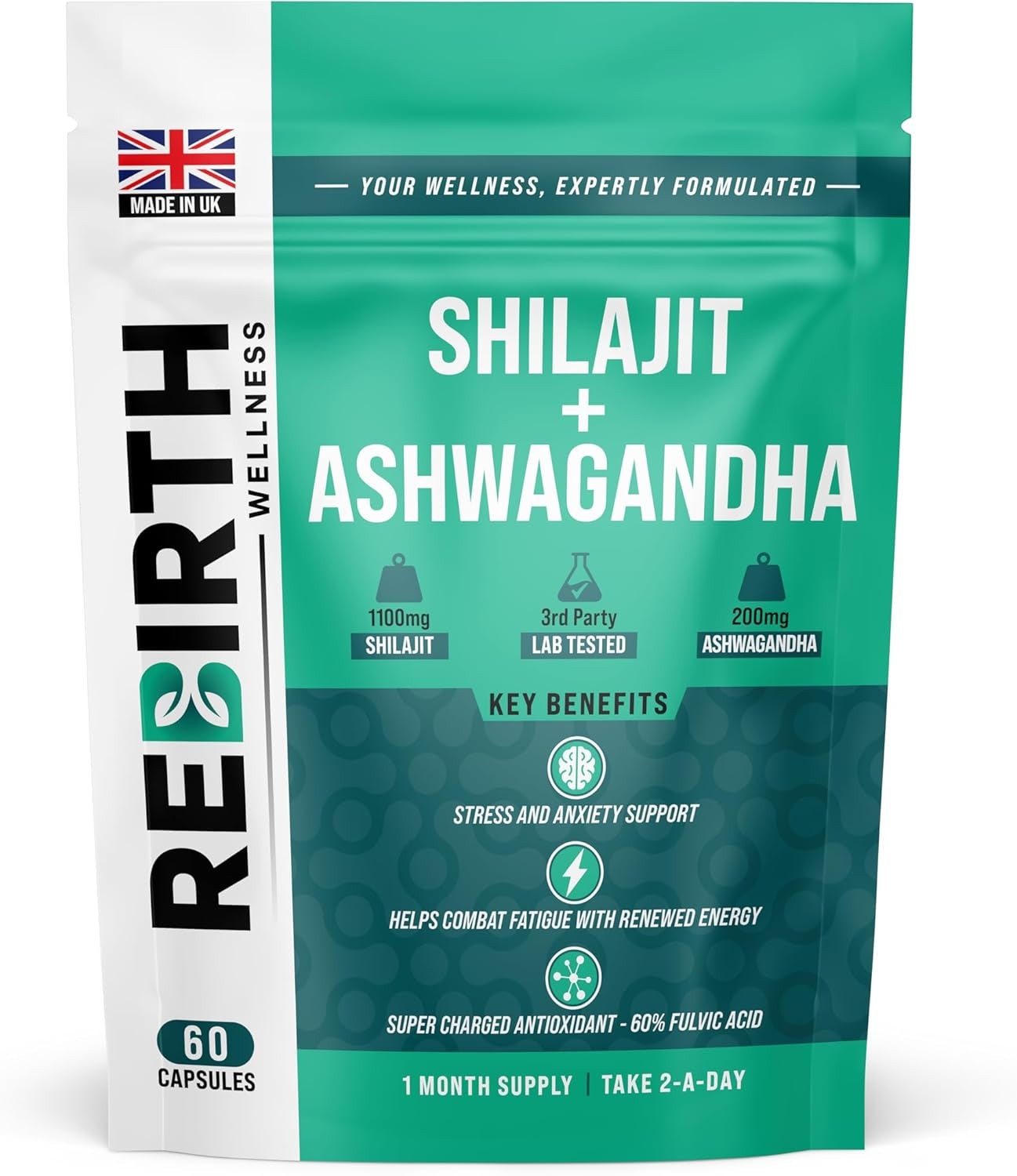 Shilajit Capsules 60 Vegan Capsules - 1300Mg per Serving with Ashwagandha Root Extract, 60% Fulvic Acid, Pure High Strength Shilajit Supplement for Stamina and Stress -