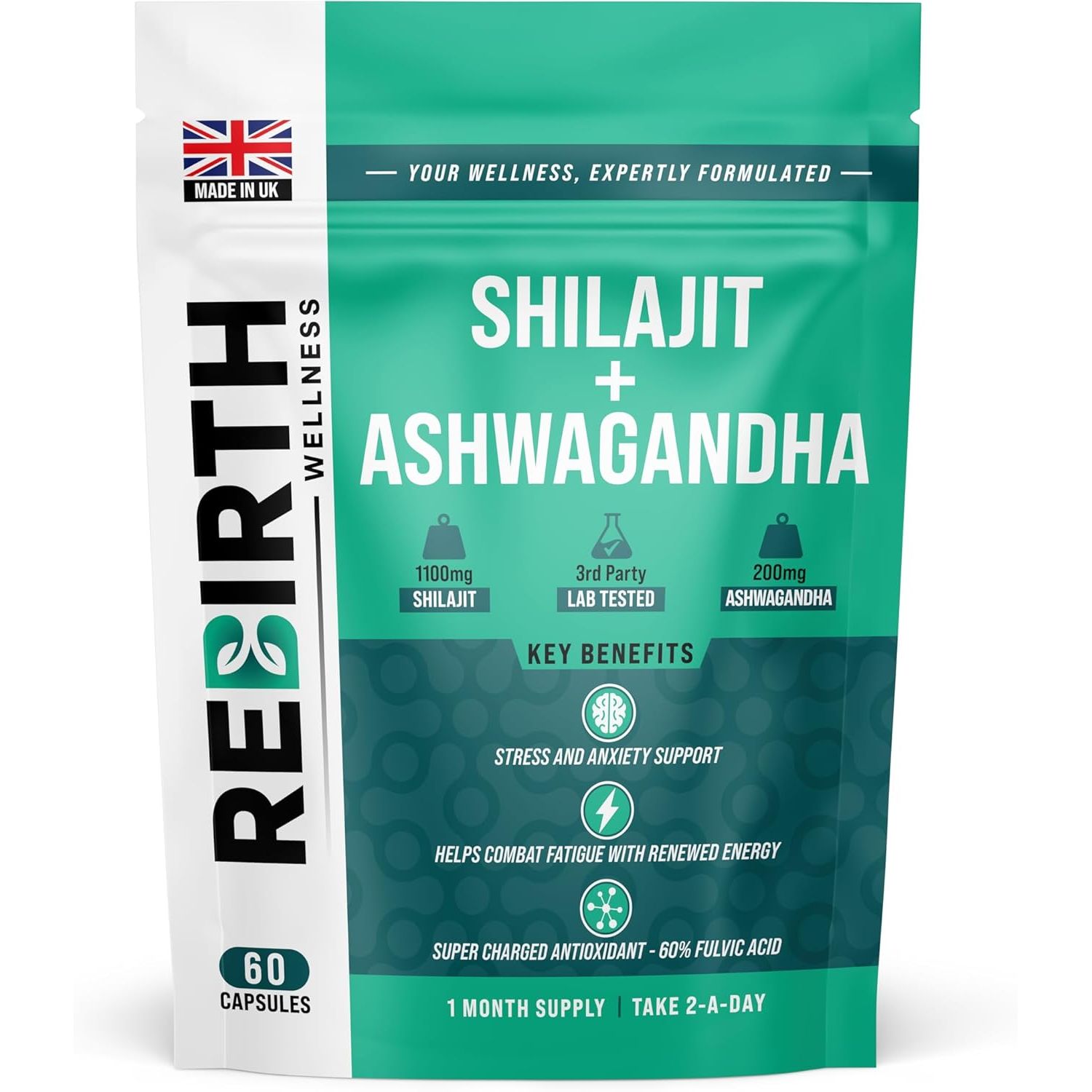 Shilajit Capsules 60 Vegan Capsules - 1300Mg per Serving with Ashwagandha Root Extract, 60% Fulvic Acid, Pure High Strength Shilajit Supplement for Stamina and Stress -