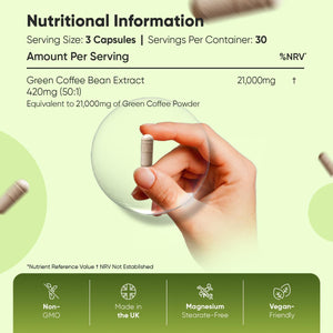 Pure Green Coffee Capsules | 21,000Mg per Serving | 90 Unroasted Green Coffee Capsules | Vegan | Natural Source of Chlorogenic Acid | Made in Britain