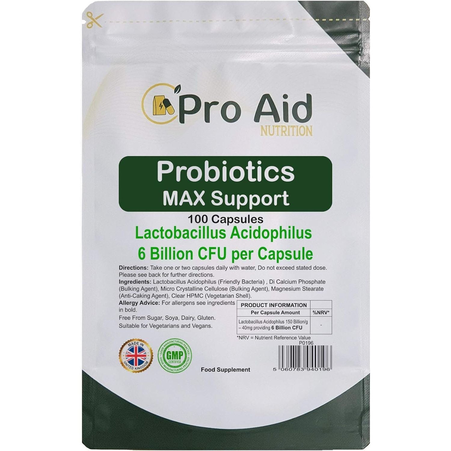 Probiotics Capsules Max Support 6 Billion CFU 100 Pack by Proaid | Healthy Gut | Digestion Support | Bio Cultures | Premium Vegetarian Capsules