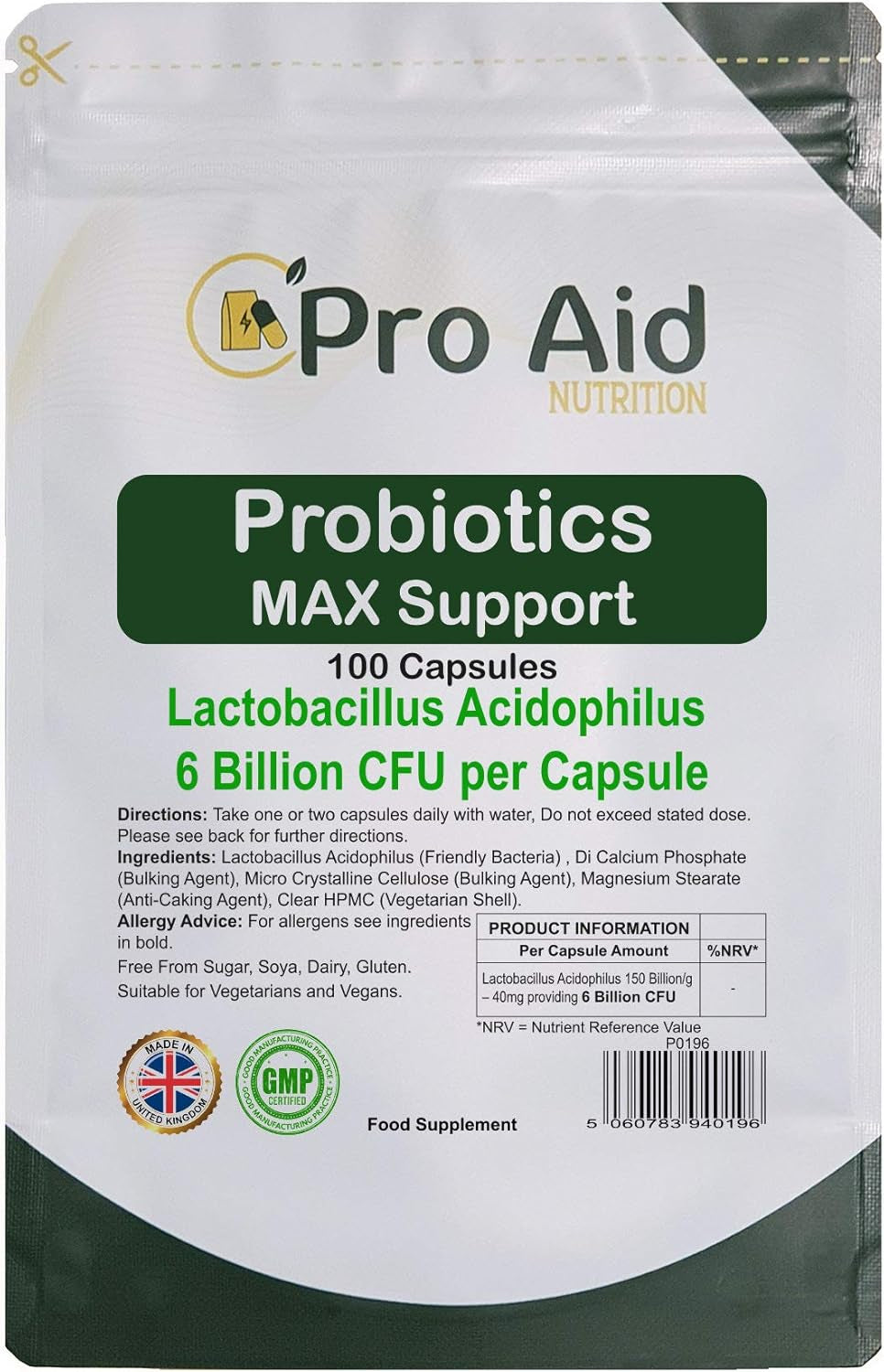Probiotics Capsules Max Support 6 Billion CFU 100 Pack by Proaid | Healthy Gut | Digestion Support | Bio Cultures | Premium Vegetarian Capsules