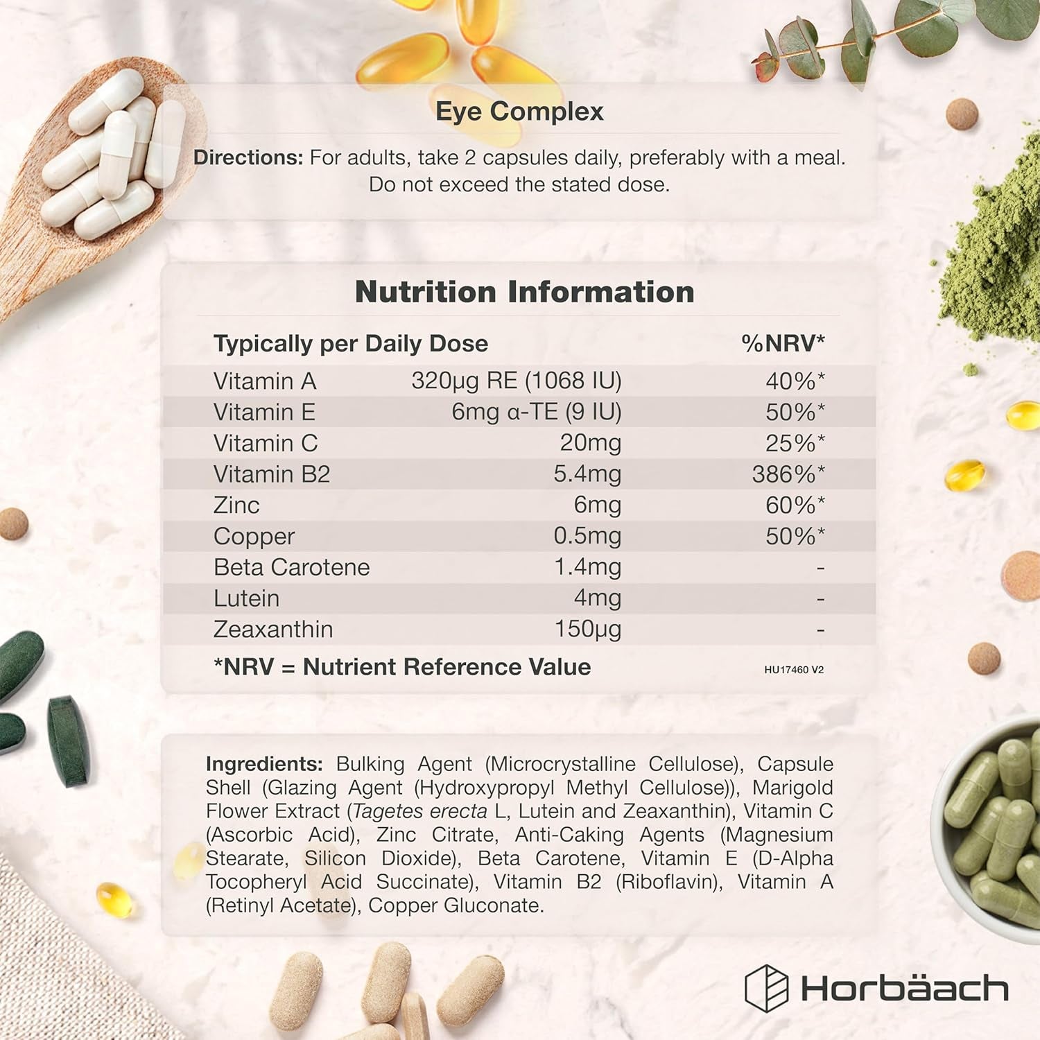 Lutein and Zeaxanthin Supplement for Eyes | High Strength Complex with Vitamin A, E, C, B2, Zinc, Copper and Beta Carotene | 120 Vegan Capsules | by Horbaach