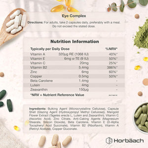 Lutein and Zeaxanthin Supplement for Eyes | High Strength Complex with Vitamin A, E, C, B2, Zinc, Copper and Beta Carotene | 120 Vegan Capsules | by Horbaach