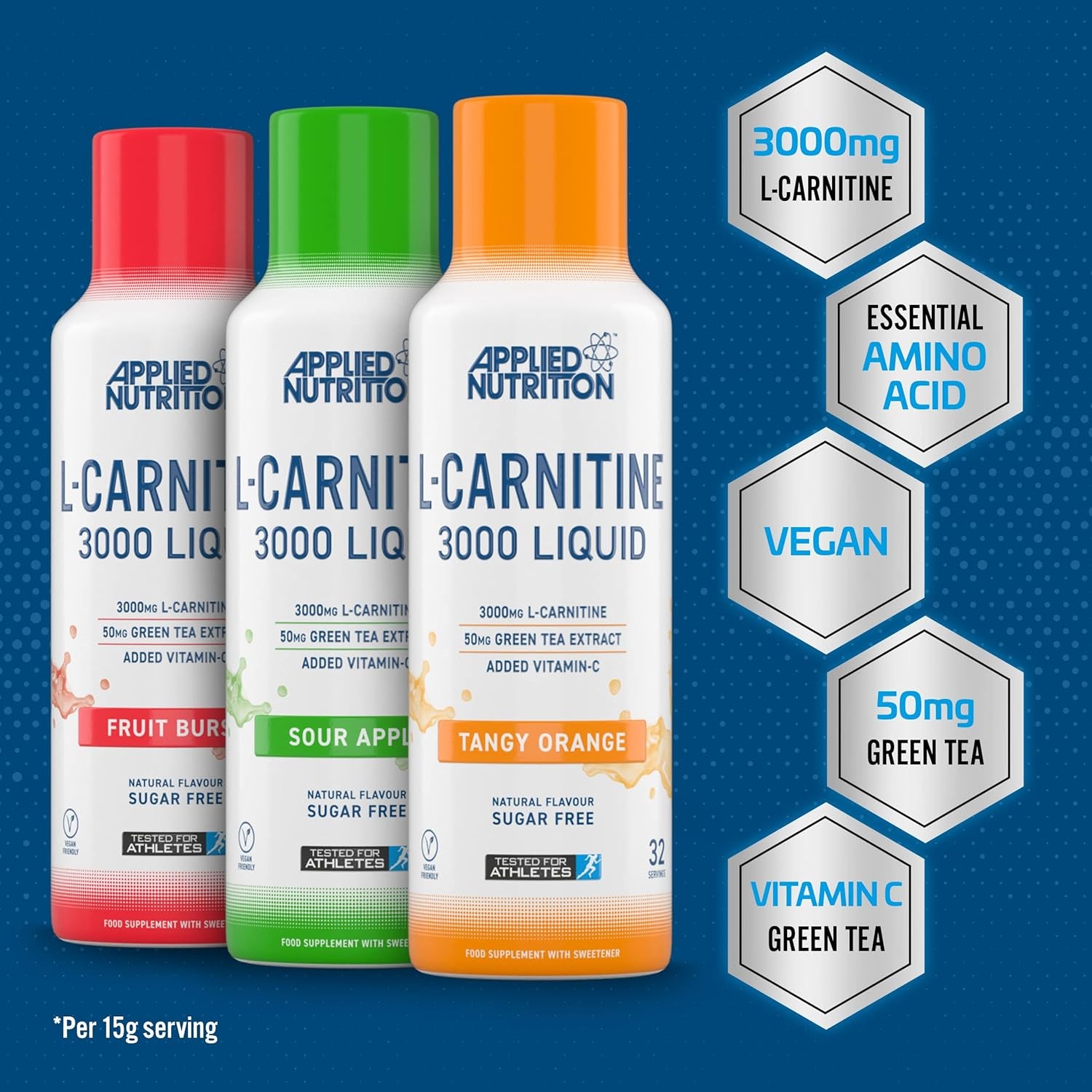 Applied Nutrition L Carnitine 3000 Liquid - L-Carnitine with Green Tea & Vitamin C, Boosts Energy & Weight Management, Vegan (480Ml - 32 Servings) (Sour Apple)