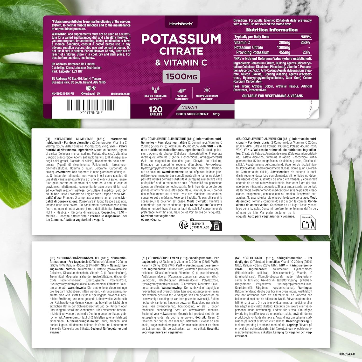 Potassium Supplement High Strength 1500Mg with Vitamin C | Electrolyte Tablets | Potassium Citrate | 120 Count | 100% Vegan | by Horbaach