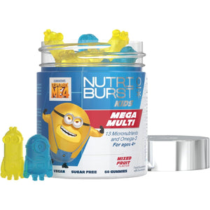 Nutriburst Minions MEGA Multi Vitamins for Kids - Chewable Multivitamins for Growth & Development: Vitamin A, B12 C, D3, E, Iron, Omega-3 - Vegan + Sugar Free - Fruity Flavour - 60 Gummies