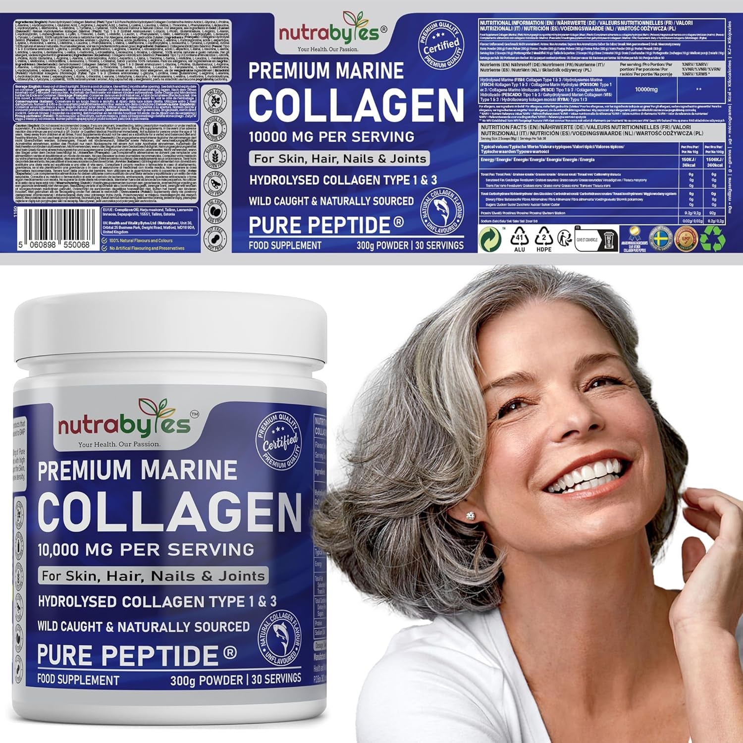 Marine Collagen Powder 10000Mg | Hydrolysed Collagen Peptides Type 1 & 3 with 19 Amino Acids for Skin, Hair, Nails & Joints | Unflavoured | Collagen Supplement for Women & Men | 30 Day Supply (300G)