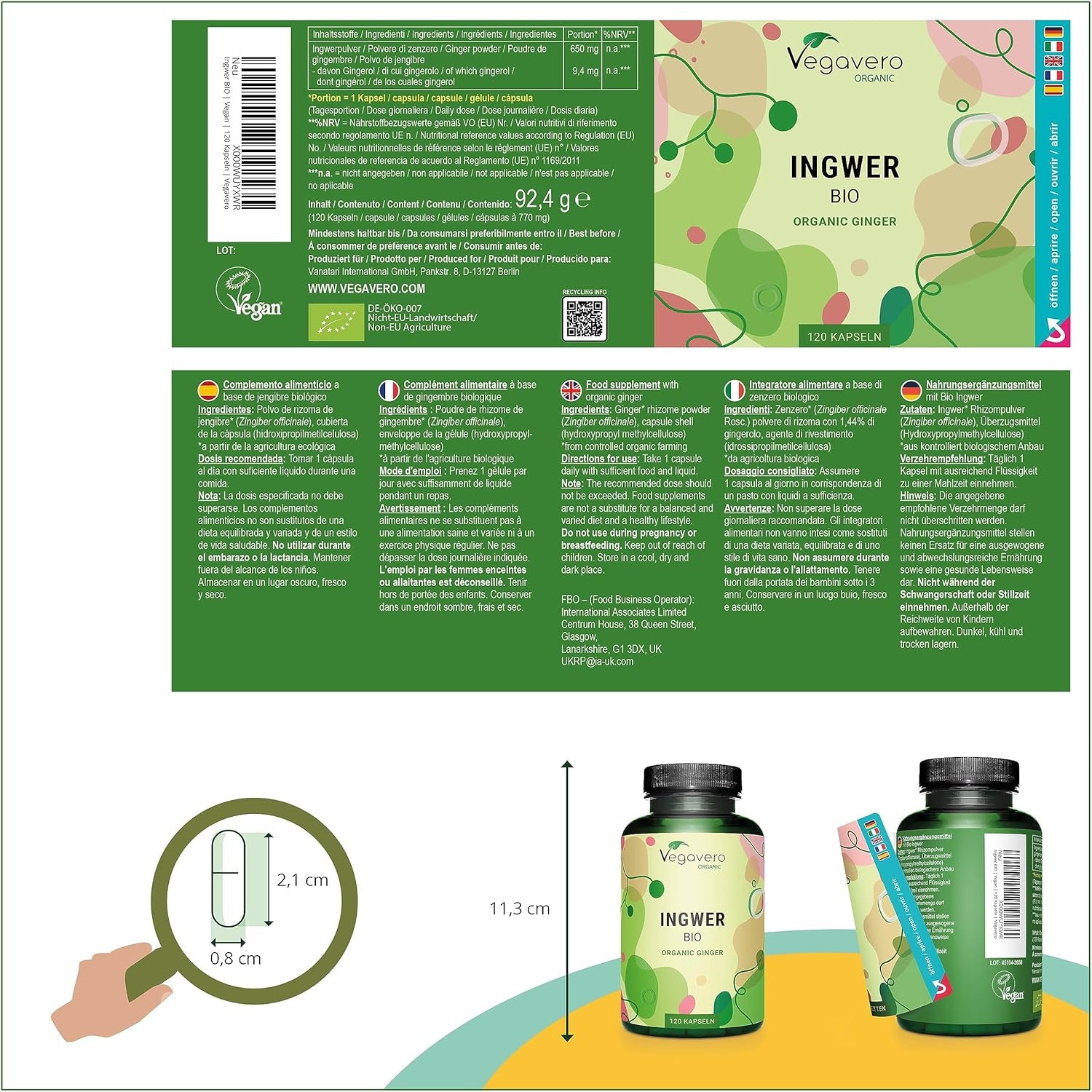 Vegavero Organic Ginger Capsules | 650 Mg Root Powder | NO Additives | Lab-Tested | 120 Units | Vegan