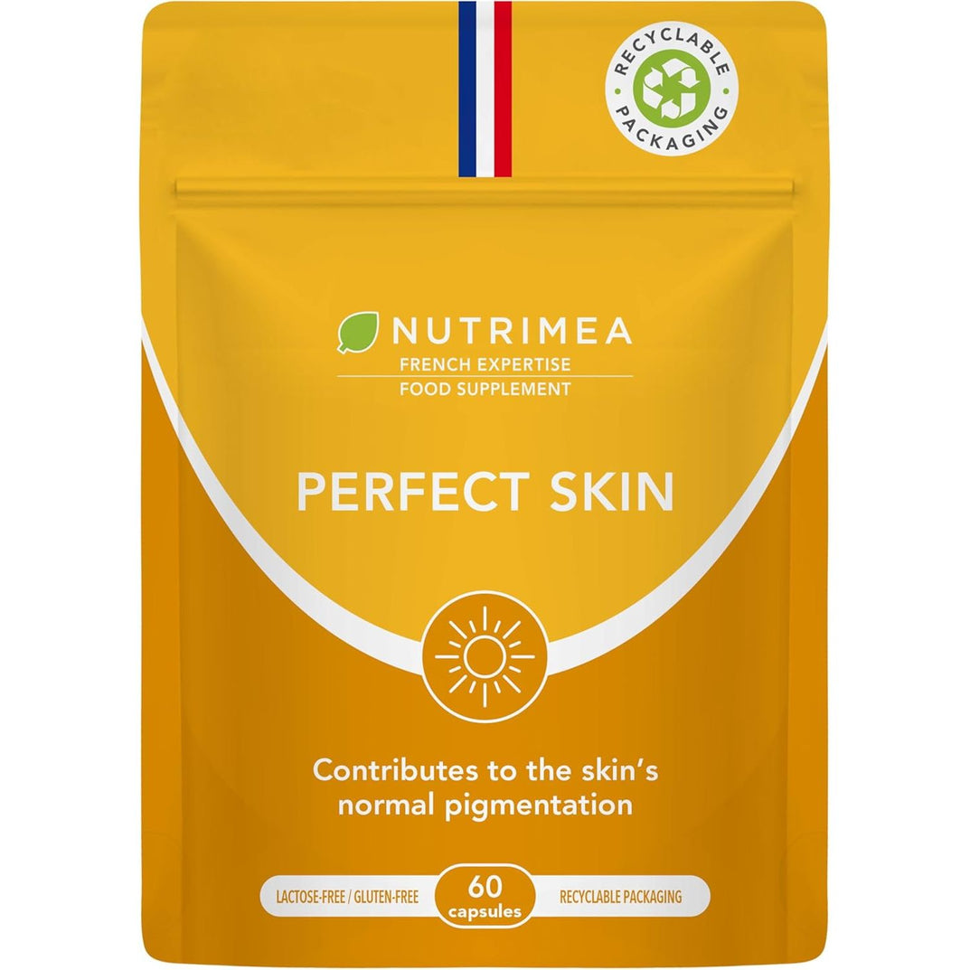 PERFECT SKIN - Tanning Accelerator Tablets - Natural Sun Protector - Bronzed Glow - 60 Vegan Capsules - Beta Carotene and Burdock - French Expertise - Nutrimea