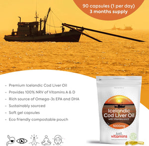 Icelandic Cod Liver Oil 1000Mg | 90 Premium Softgels | High Strength Omega 3 with Vitamins a & D | Supports Heart, Brain & Eye Health | UK Made - Just Vitamins