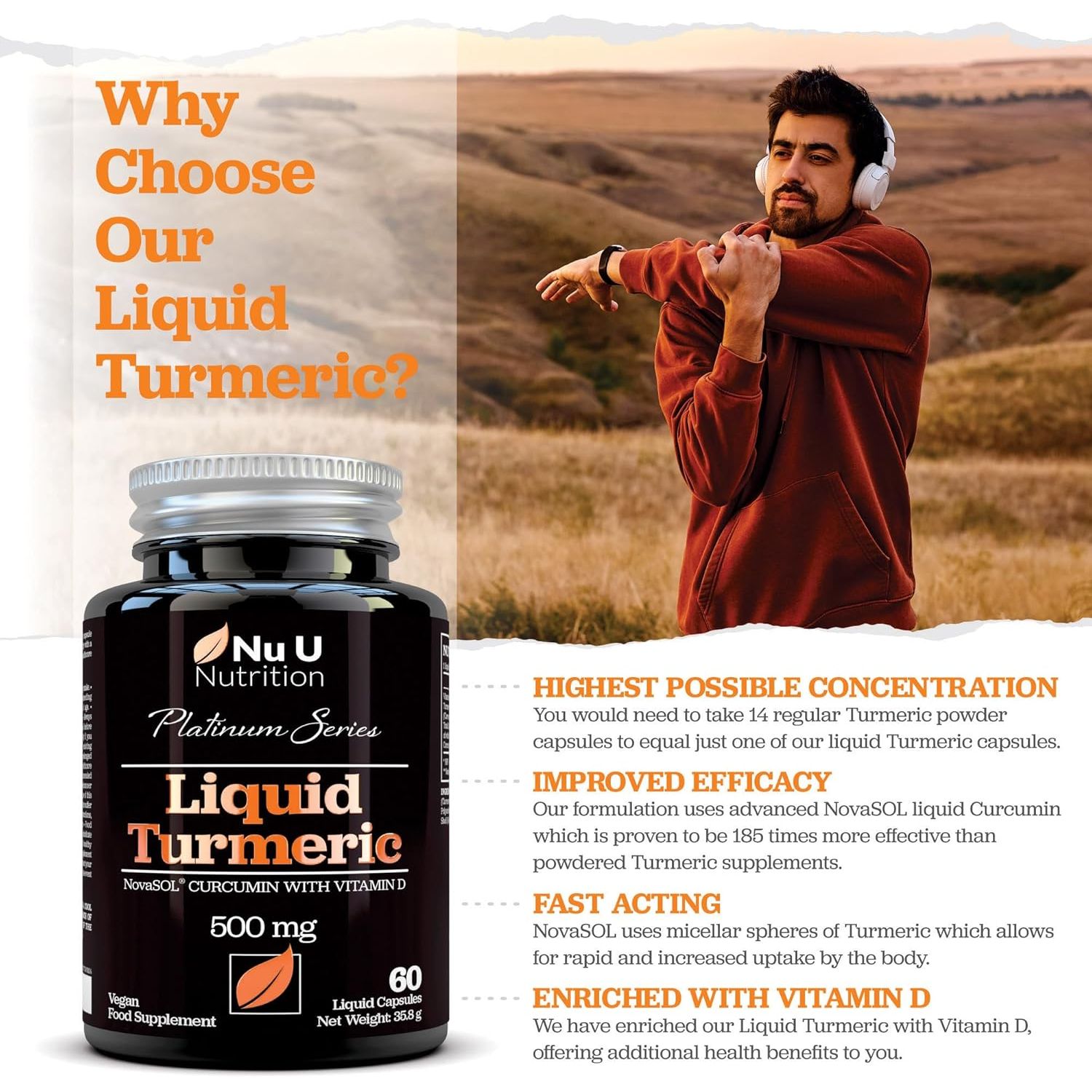 Novasol® Curcumin - Liquid Turmeric with Vitamin D - 60 Vegetarian Capsules - 185X More Bioavailability - High Strength Tumeric Supplement - Made in the UK - Nu U Nutrition