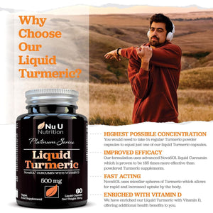 Novasol® Curcumin - Liquid Turmeric with Vitamin D - 60 Vegetarian Capsules - 185X More Bioavailability - High Strength Tumeric Supplement - Made in the UK - Nu U Nutrition