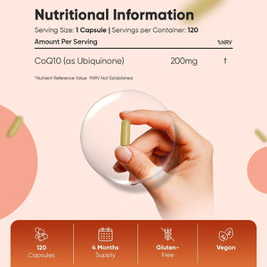 Coq10 Supplement 200Mg | 120 Vegan Co Enzyme Capsules | 4 Months Supply | Ubiquinone Form | High Absorption Coq10 Supplements | Made in Britain | Non-Gmo & Magnesium Stearate Free