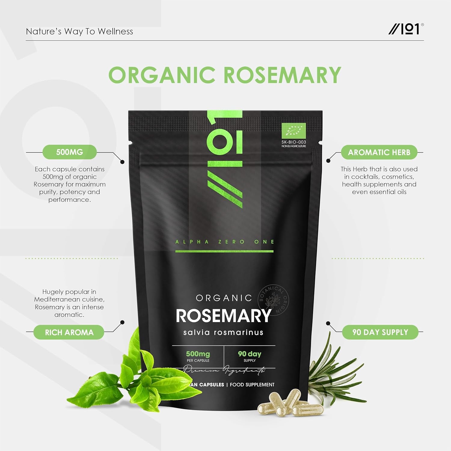 Organic Rosemary 500Mg - 90 Vegan Capsules - High Strength Salvia Rosmarinus Supplement - Resealable and Recyclable Pouch - by Alpha01