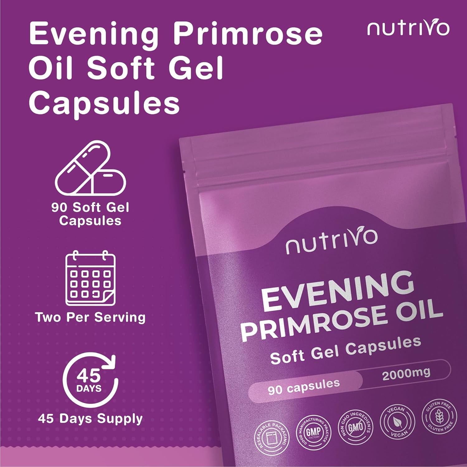 Evening Primrose Oil 1000Mg (2000Mg per 2 Capsule Serving) | 90 Capsules per Pouch - 45 Days Supply | High Strength & High GLA (Omega 6) Content | Cold Pressed
