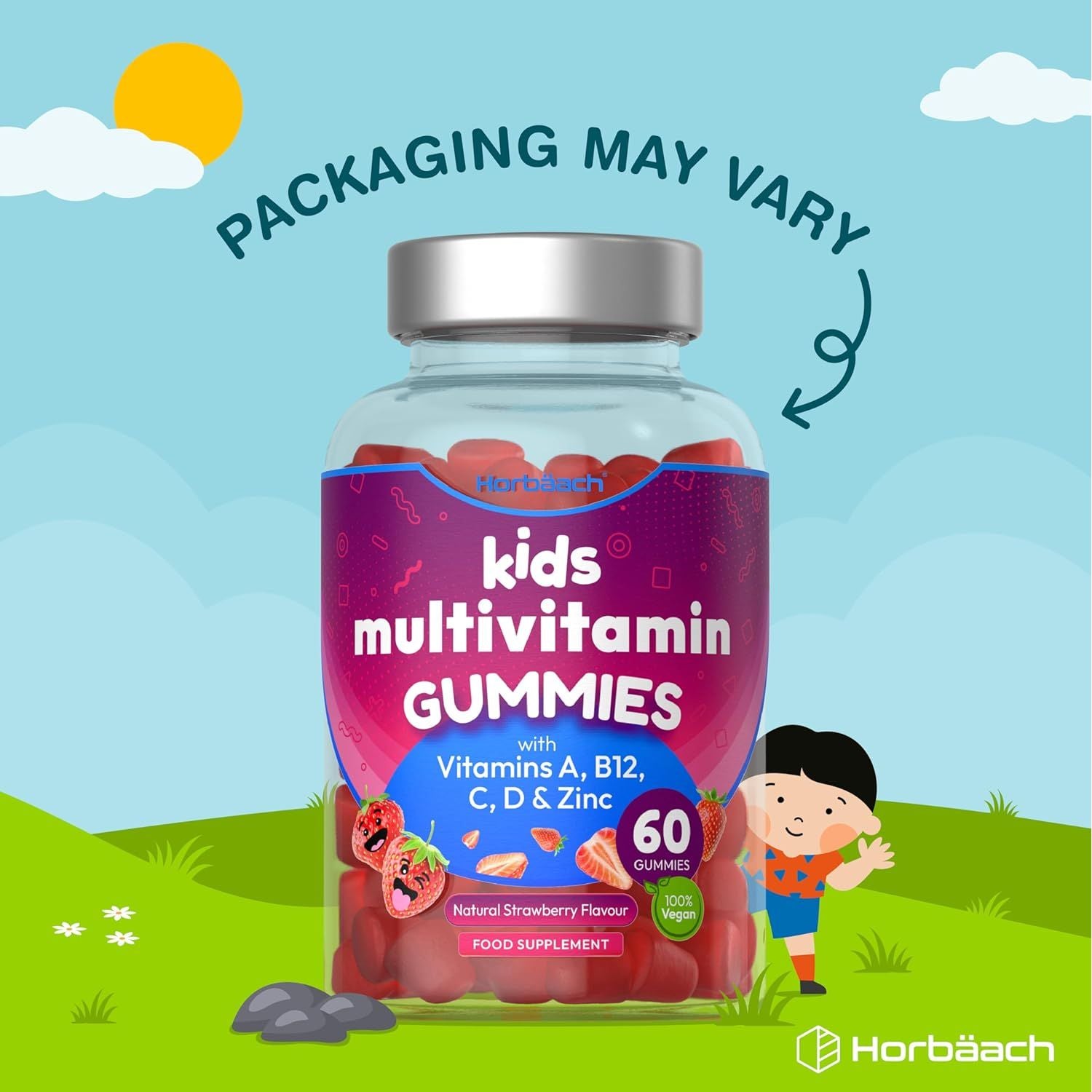 Kids Multivitamin Gummies | 60 Count (2 Months Supply) | 14 Essential A-Z Nutrients | with Vitamin A, B12, C, D & Zinc | Strawberry Flavour | Vegan Gummy Supplement for Ages 4+| by Horbaach