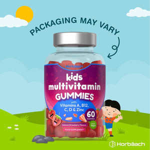 Kids Multivitamin Gummies | 60 Count (2 Months Supply) | 14 Essential A-Z Nutrients | with Vitamin A, B12, C, D & Zinc | Strawberry Flavour | Vegan Gummy Supplement for Ages 4+| by Horbaach