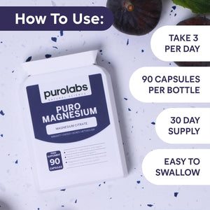 Purolabs Magnesium Citrate - High Strength Non-Buffered Magnesium - Superior Absorption for Sleep, Energy & Muscle Function - Vegan - Clean Formula - 90 Capsules