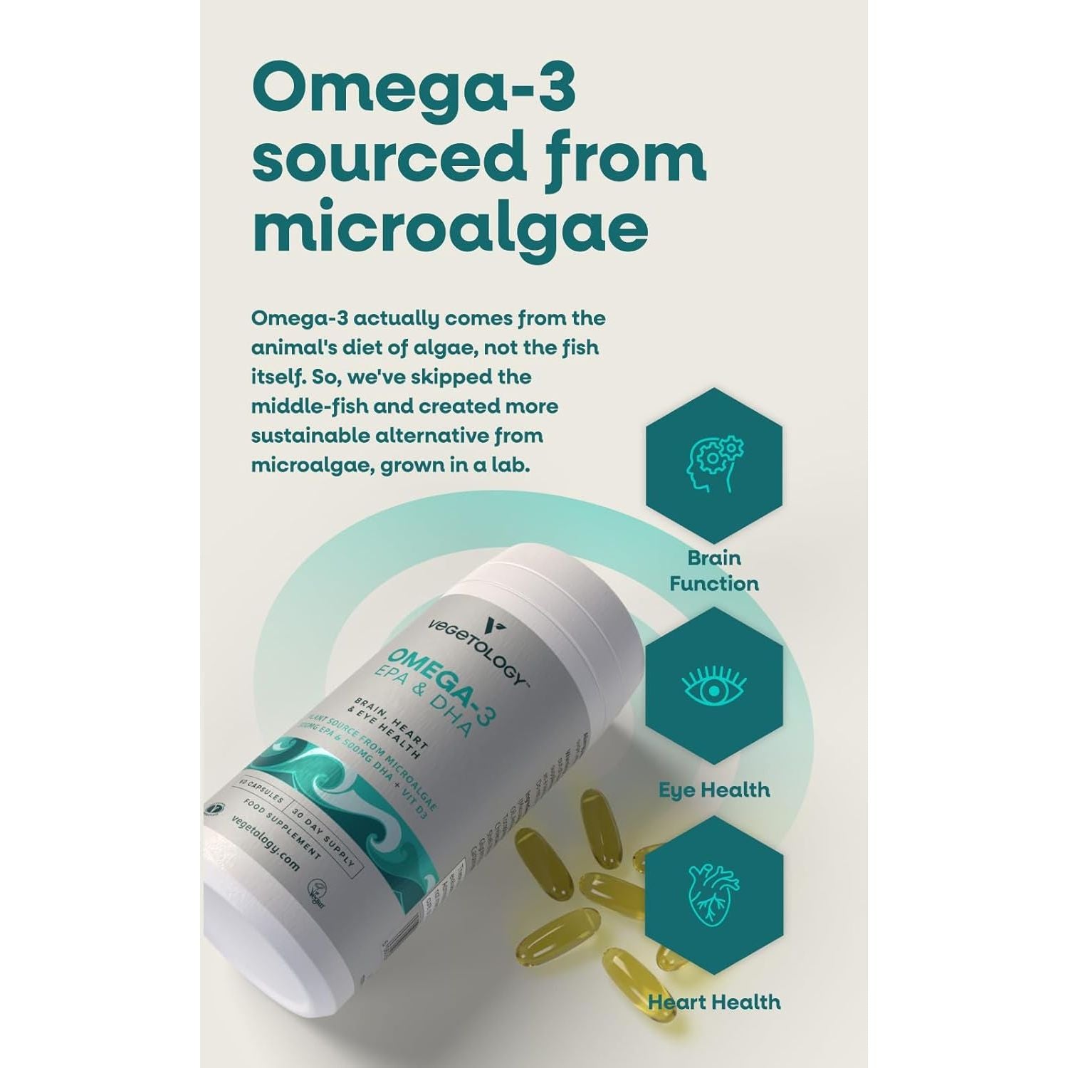 Vegetology, Vegan Omega 3 Capsules High Strength, 800Mg of EPA DHA from Algae Oil, with Added Vitamin D3, Supports Heart, Brain Function and Eye Health, 60 Capsules, UK Made