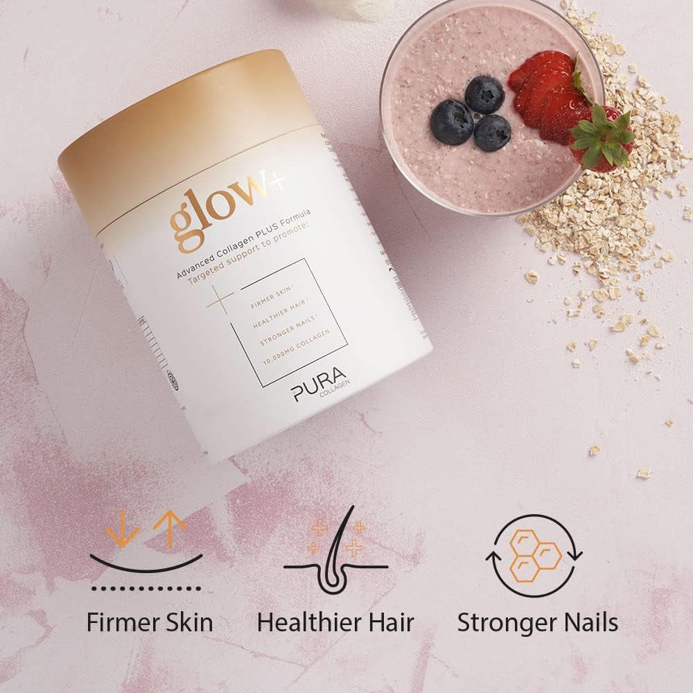 Pura Collagen Powdered Supplement Glow+, 10,000Mg Hydrolysed Peptides, Hyaluronic Acid, Vitamins & Minerals, 28 Servings, 284 G