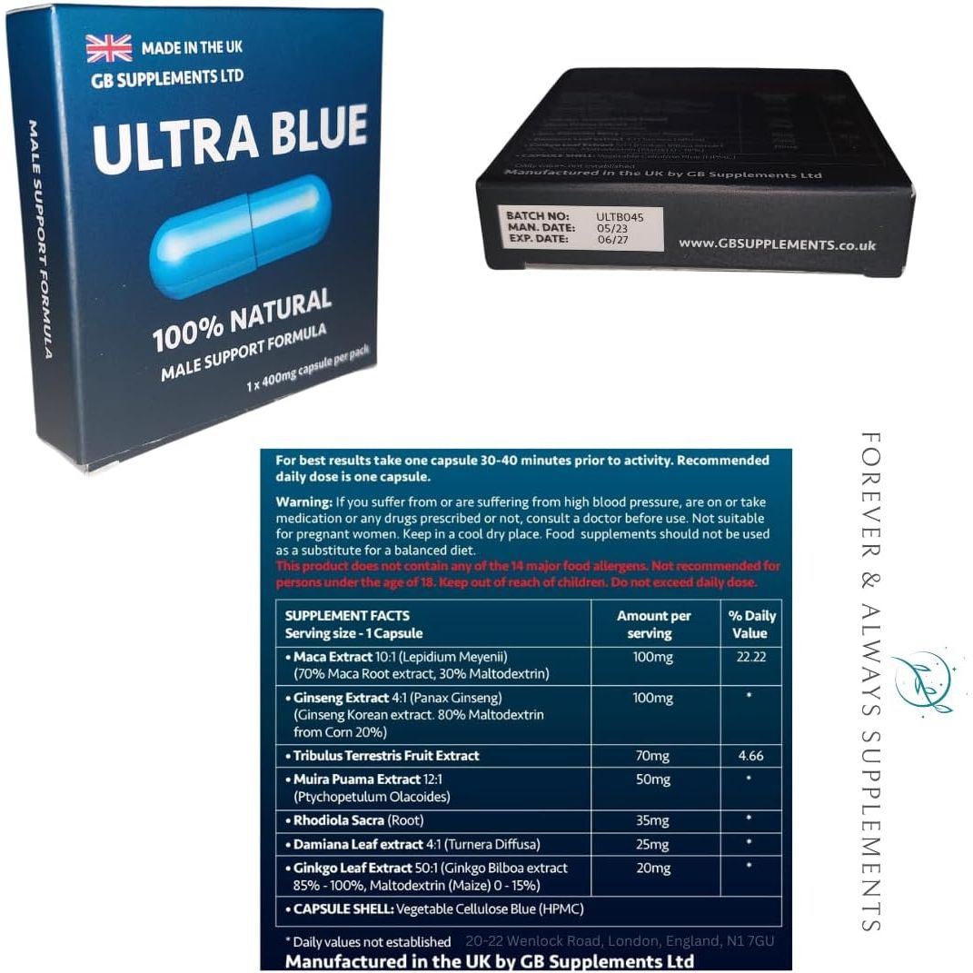 3 X Ultra Blue 400Mg High Strength Tablets Bundle for Men (New Formula) - Libido, Sex Drive, Enhancement & Endurance Support - Maca, Ginseng & More