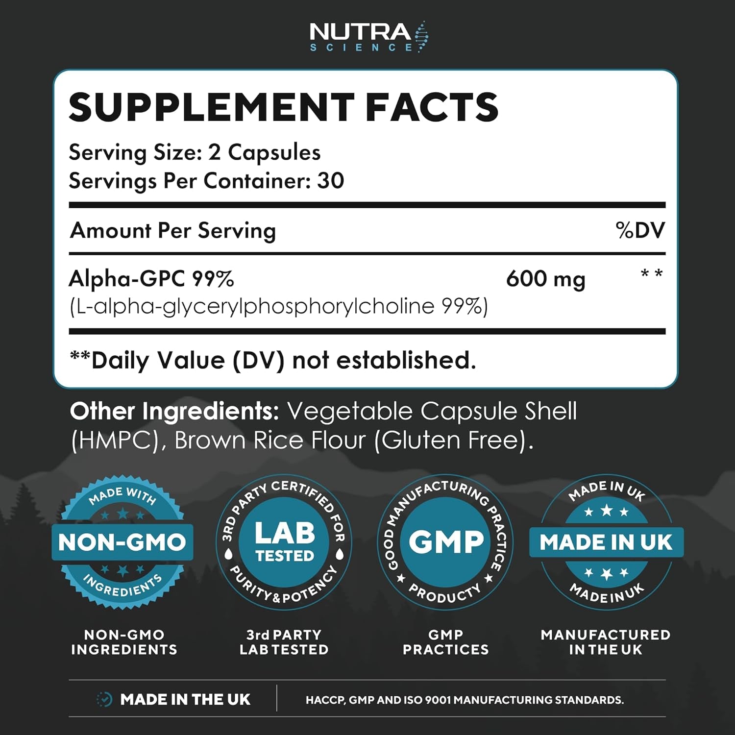 Alpha GPC 99% Concentration | High Purity Alpha GPC Nootropics Brain Support Supplement 600Mg | 60 Vegan Capsules