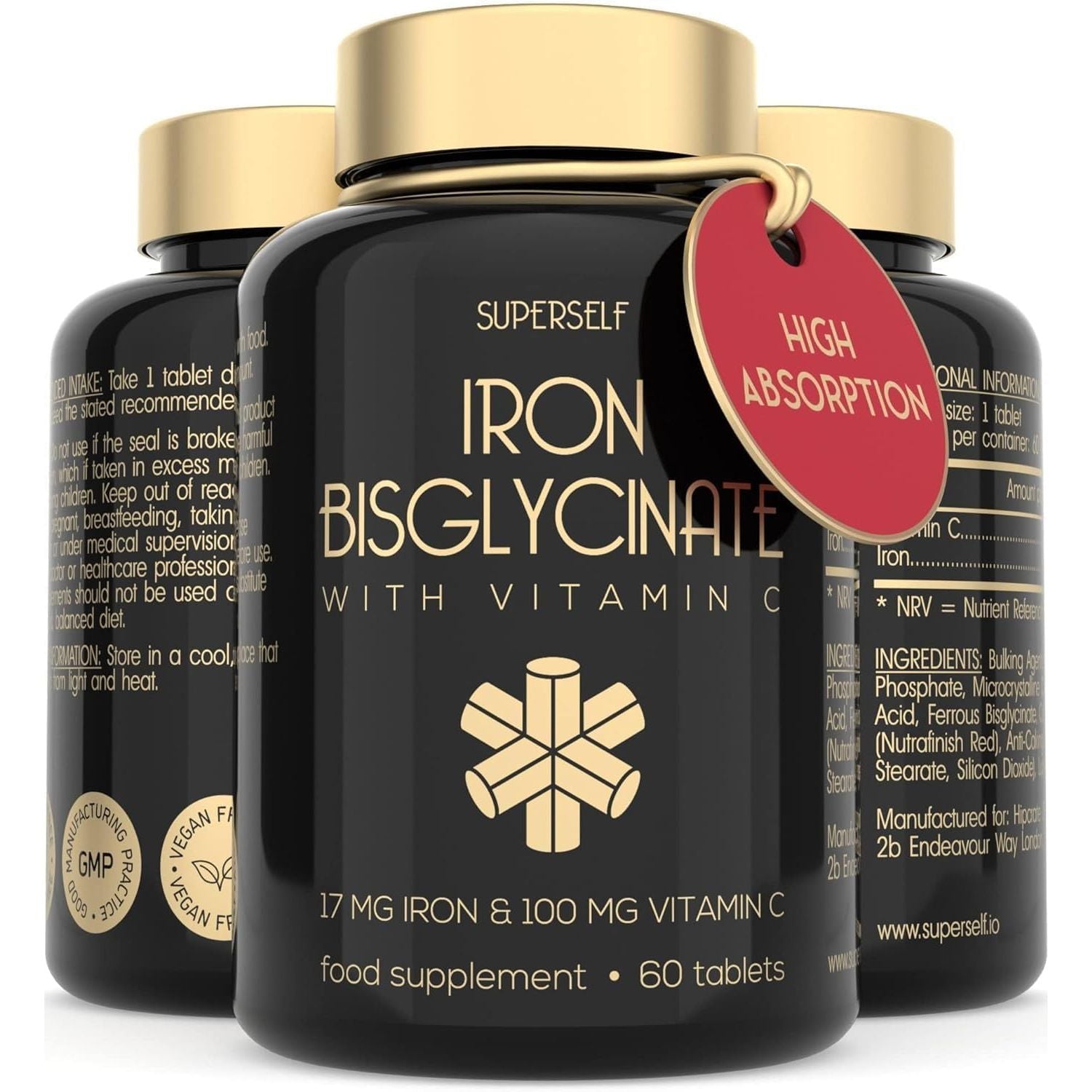 Gentle Iron Tablets 17Mg - High Strength Iron Supplements for Women & Men with Vitamin C - Ferrous Bisglycinate for High Absorption - 60 Vegan Capsules - Energy Tablets for Tiredness and Fatigue