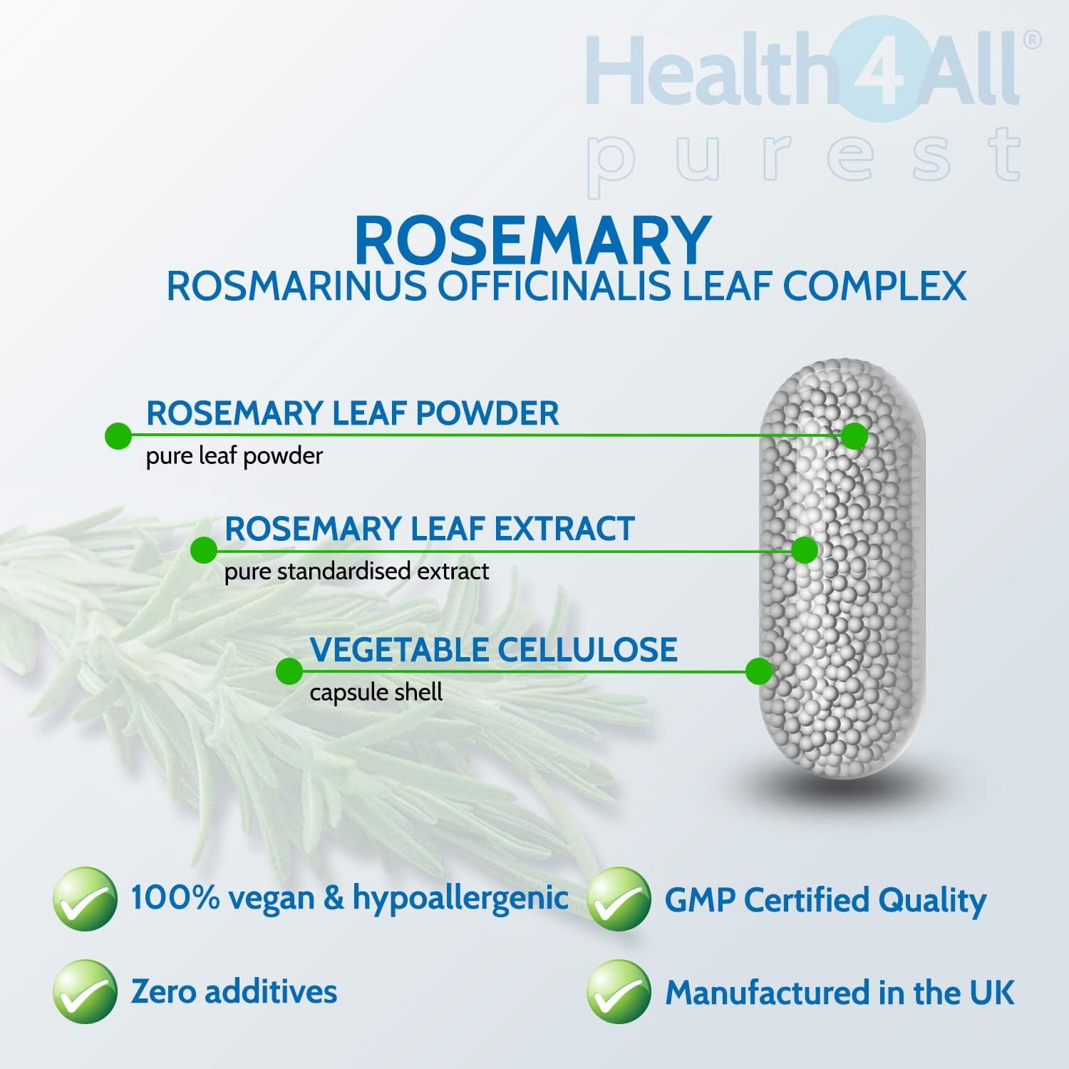 Health4All Rosemary 500Mg 90 Capsules 3 Months Supply, Pure Natural Nootropic Supplement for Memory, Focus & Learning, High Strength Rosmarinus Officinalis Capsules (Not Tablets Nor Oil) | Made in UK