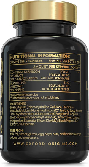 Advanced Lions Mane Mushroom 2400Mg - 60 High Strength Vegan Capsules - Lions Mane Supplement with Black Pepper - Lion'S Mane Mushroom Supplement (Not Lions Mane Powder or Tablets) Made in the UK