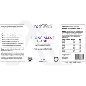 Nootro Labs Essentials Lion'S Mane Capsules (60 Servings), 10000Mg Lions Mane Supplement with Vitamin B Complex to Support Focus and Brain Function