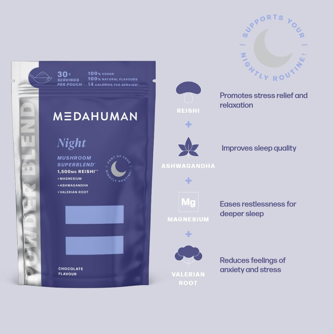 MEDAHUMAN® Night | Reishi Mushroom Powder (30 Servings) | Adaptogen Superblend Mushroom Supplement with Ashwagandha Powder, Valerian Root and Magnesium for a More Relaxed Sleep | Chocolate Flavour