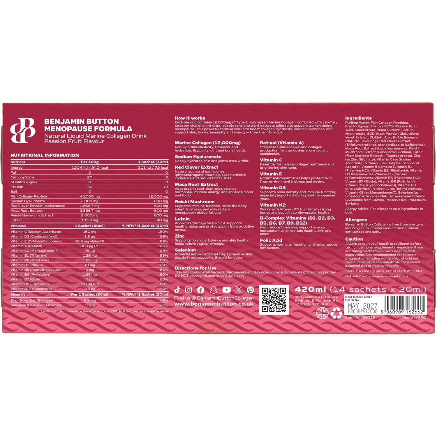 Menopause Collagen Liquid 12,000Mg, 14X Marine Collagen Peptide Sachets with Red Clover, Maca, Reishi, Vitamins C D3 K2, Biotin & Zinc, Skin, Hair, Joint & Hormone Support - Passion Fruit