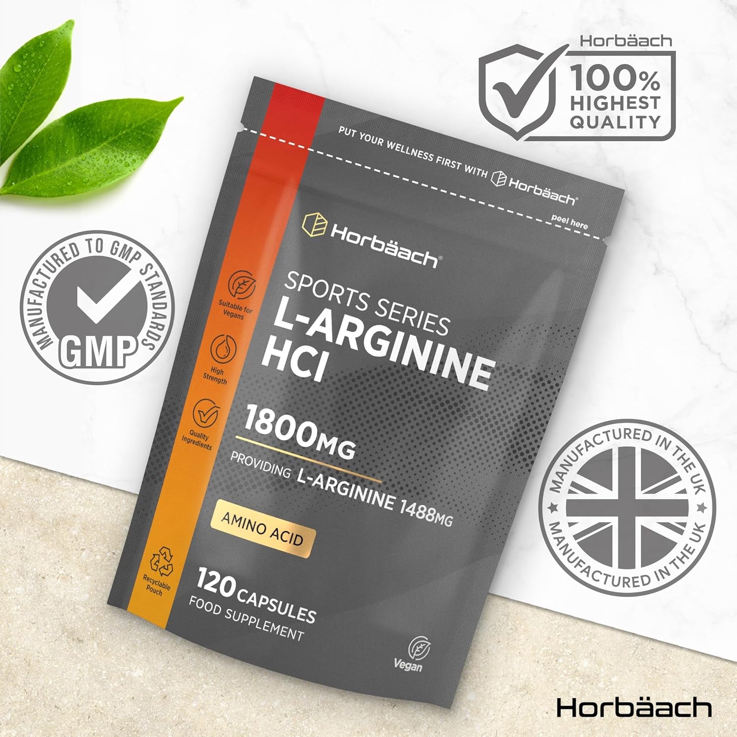 L-Arginine Supplement 1800Mg | 120 Vegan Capsules | High Strength Amino Acids Capsules for Pre and Post Workout | Keto Diet Friendly | by Horbaach