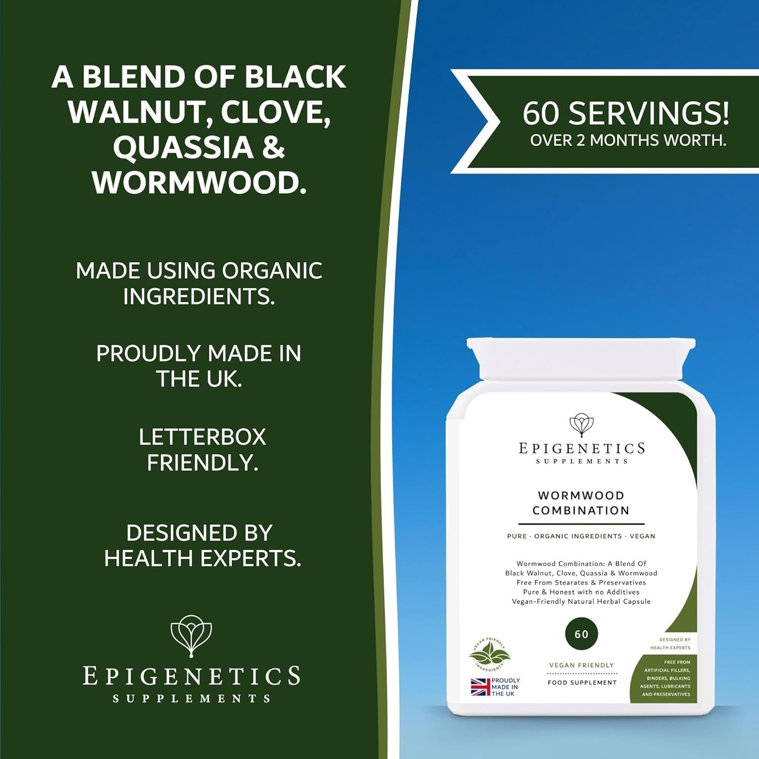 Wormwood Combination 360Mg | Black Walnut, Clove, Quassia, Wormwood Herb Supplement | 60 Vegan Capsules | Made in UK | 2 Month Supply, 1 Herbal Capsule Daily