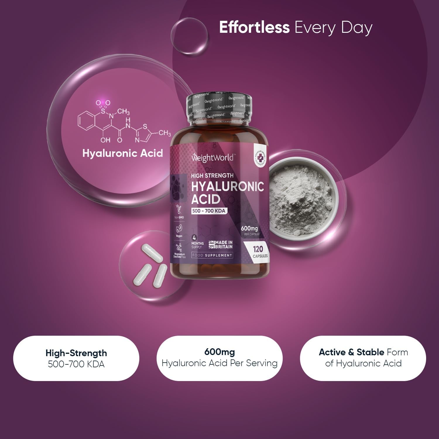 Hyaluronic Acid Supplement 600Mg (500-700 KDA) - 120 Capsules - 4 Months Supply - Vegan High Strength Hyaluronic Acid Capsules - for Women & Men