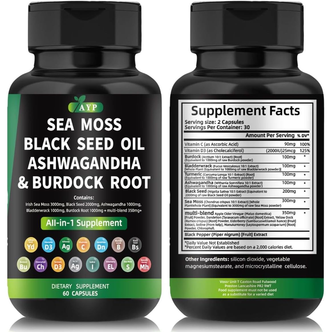 AYP Sea Moss Bladderwrack Black Seed Oil Ashwagandha Burdock Root Capsules Multi Blend Supplement + Multi Vitamin Turmeric Manuka Honey Elderberry Chlorophyll