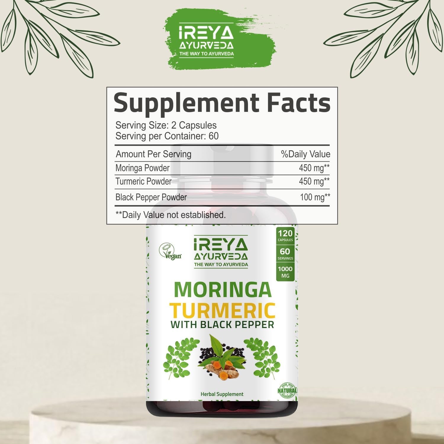 Moringa Oleifera Powder & Turmeric Root Powder with Black Pepper 120 Capsules | Immunity & Metabolism Support, Joint and Digestive Support. Vegan, Gluten-Free and Non-Gmo