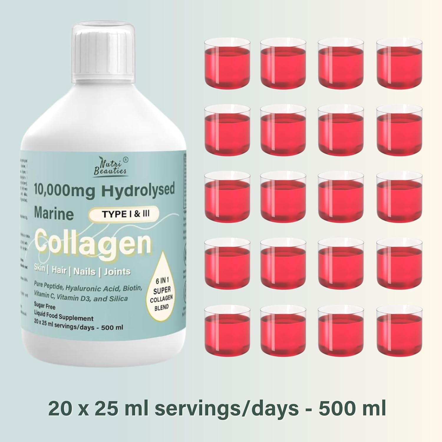 NUTRI Beauties Hydrolysed Marine Collagen Liquid Drink Supplement 10,000Mg + Hyaluronic Acid, Biotin, Vitamin C, D for Hair, Skin,Nails, Joints, 500Ml