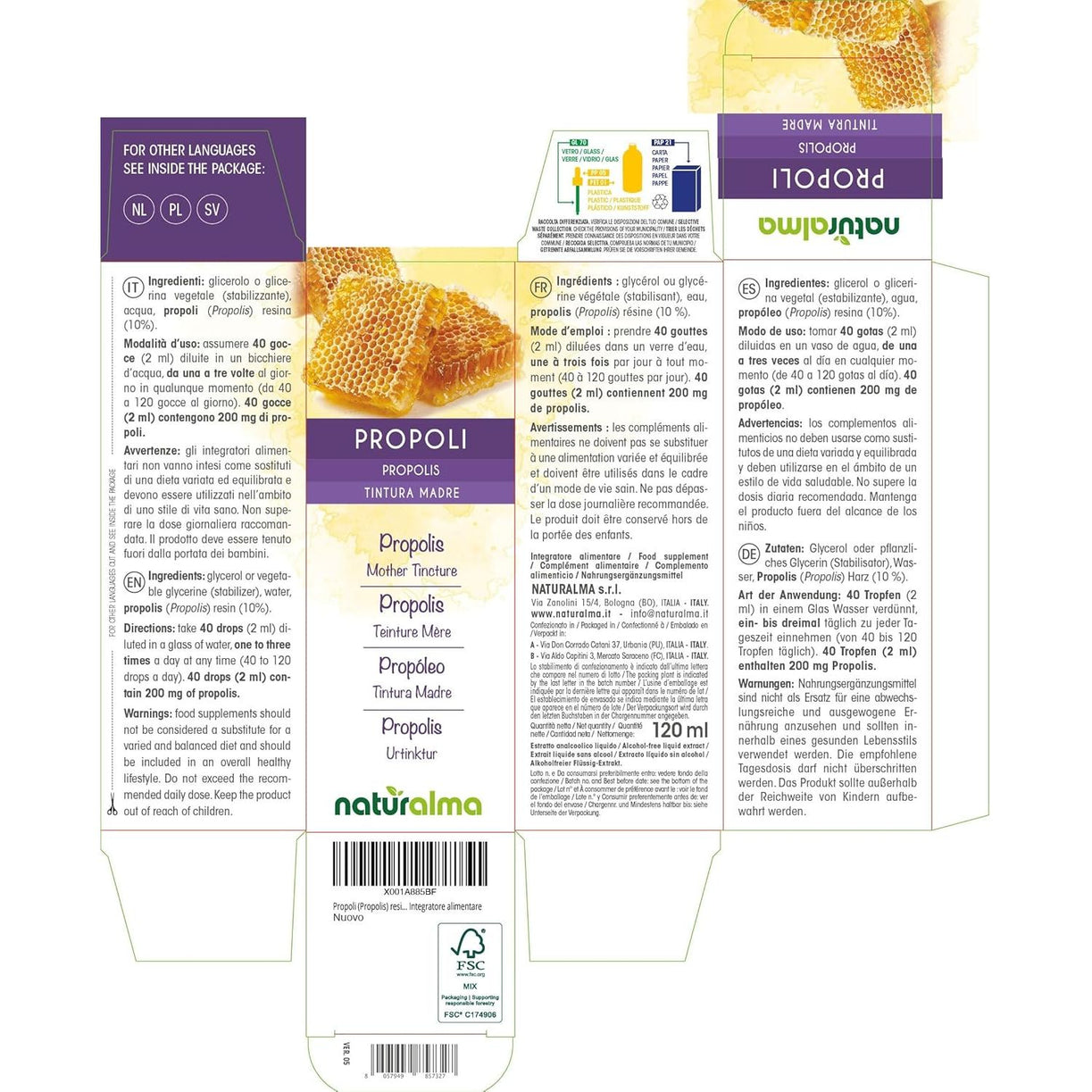 Propolis (Propolis) Resin Alcohol-Free Mother Tincture Naturalma - Liquid Extract Drops 120 Ml - Food Supplement