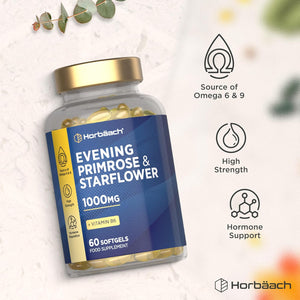 Evening Primrose and Starflower Oil Capsules 1000Mg | with Vitamin B6 | 60 Softgels | Rich Source of Omega 6 GLA & 9 Oleic Fatty Acids | by Horbaach