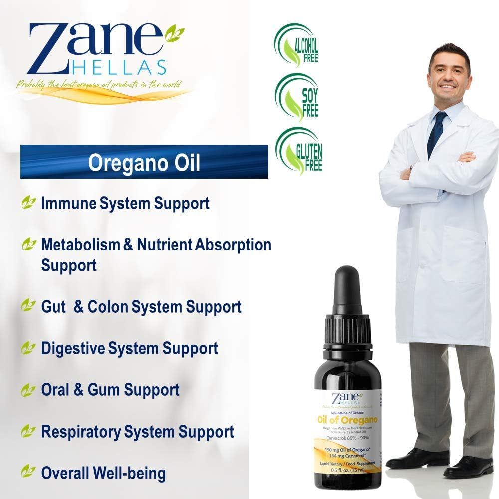 Zane Hellas 190 Mg Oregano Oil-164 Mg Carvacrol per Serving-4 Drops Daily. 100% Greek Undiluted Oil of Oregano. 86%-90% Min Carvacrol. Probably the Best Oregano Oil in the World. 0.5 Fl. Oz.- 15Ml.