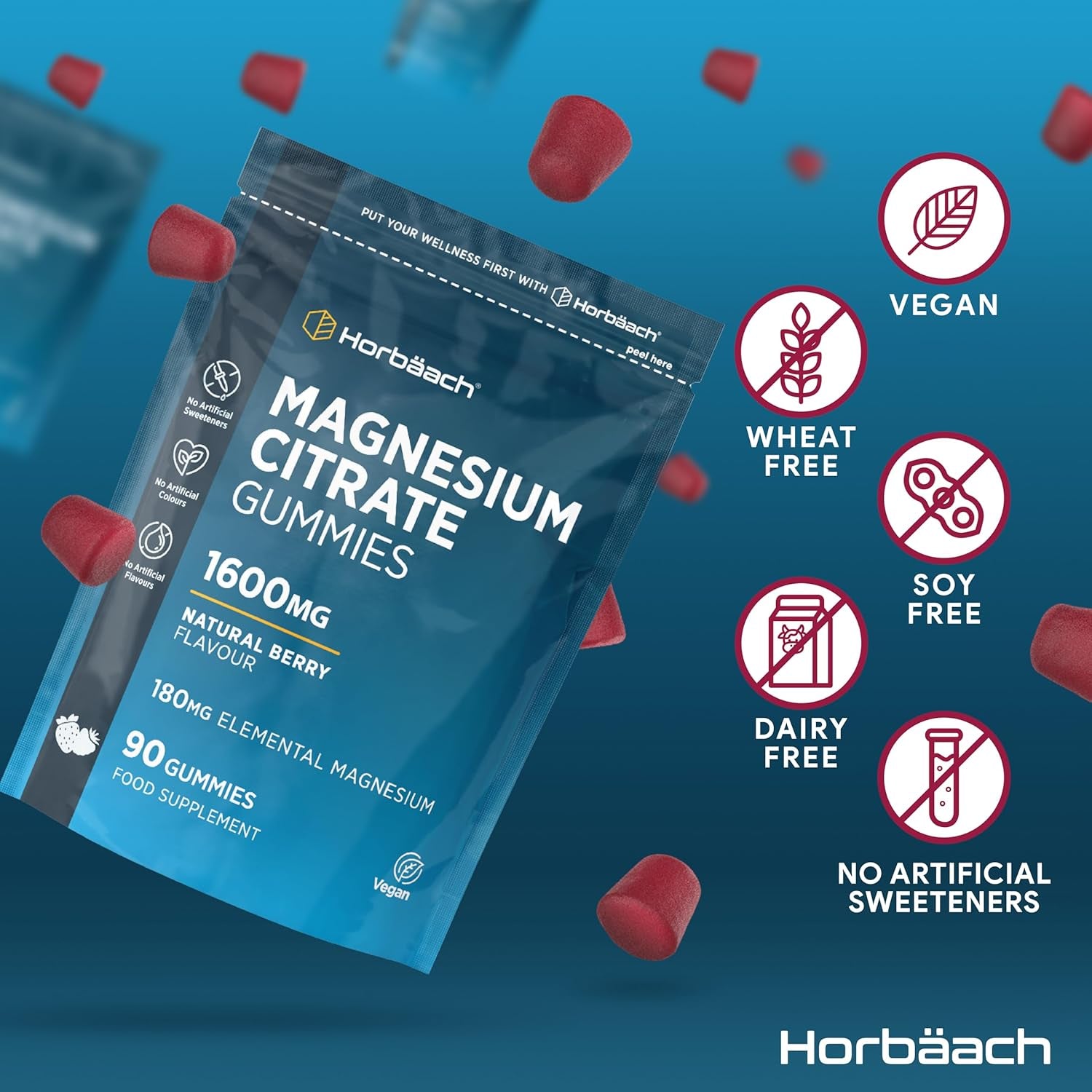 Magnesium Gummies 1600Mg | Citrate Providing 180Mg Elemental Magnesium | Berry Flavoured | Supplement for Women & Men | 90 Vegan Gummies | by Horbaach