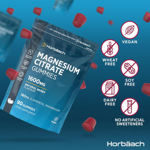 Magnesium Gummies 1600Mg | Citrate Providing 180Mg Elemental Magnesium | Berry Flavoured | Supplement for Women & Men | 90 Vegan Gummies | by Horbaach