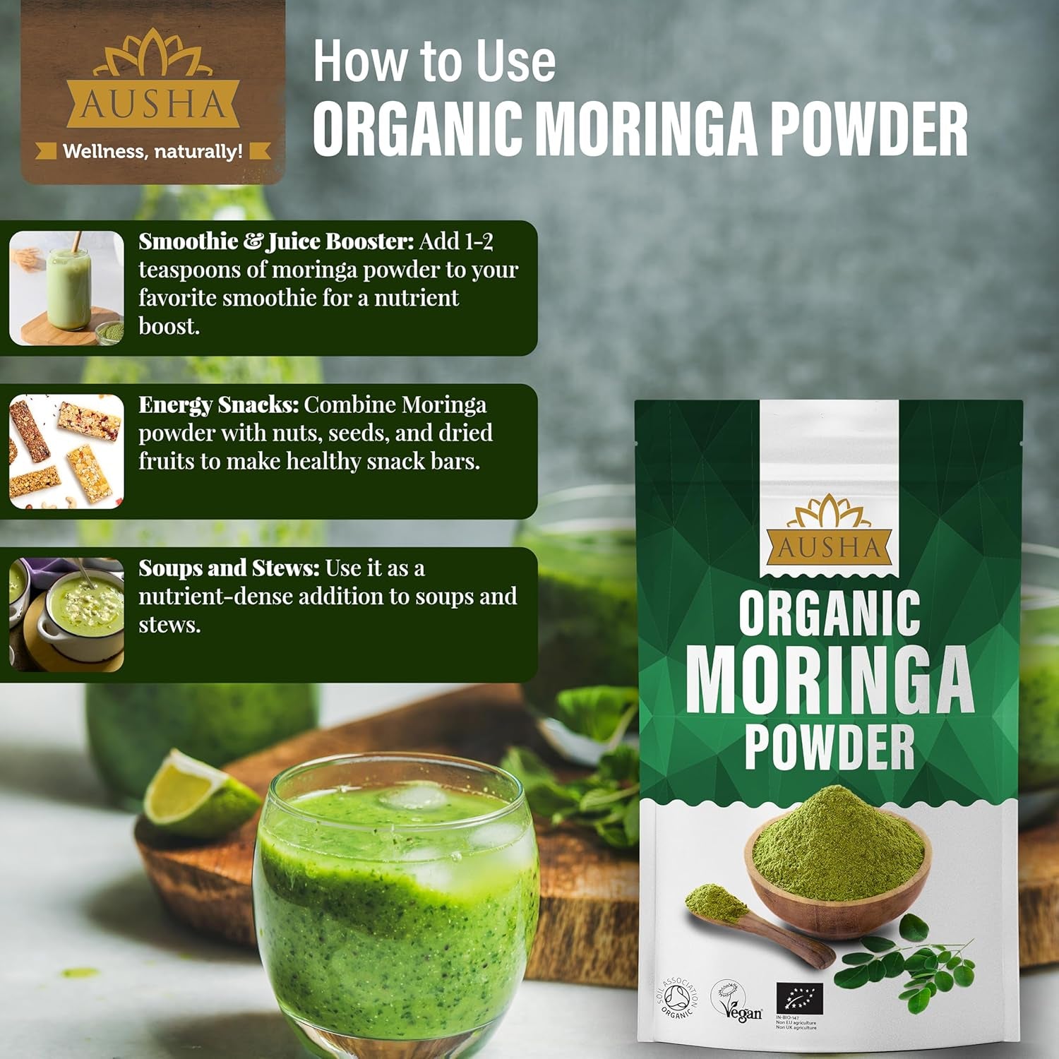 Ausha Organic Moringa Powder 100 G - UK Certified Organic by Soil Association - Oleifera Leaf - Source of Protein, Amino Acids, Antioxidants, Dietary Fibre, Vitamins & Minerals