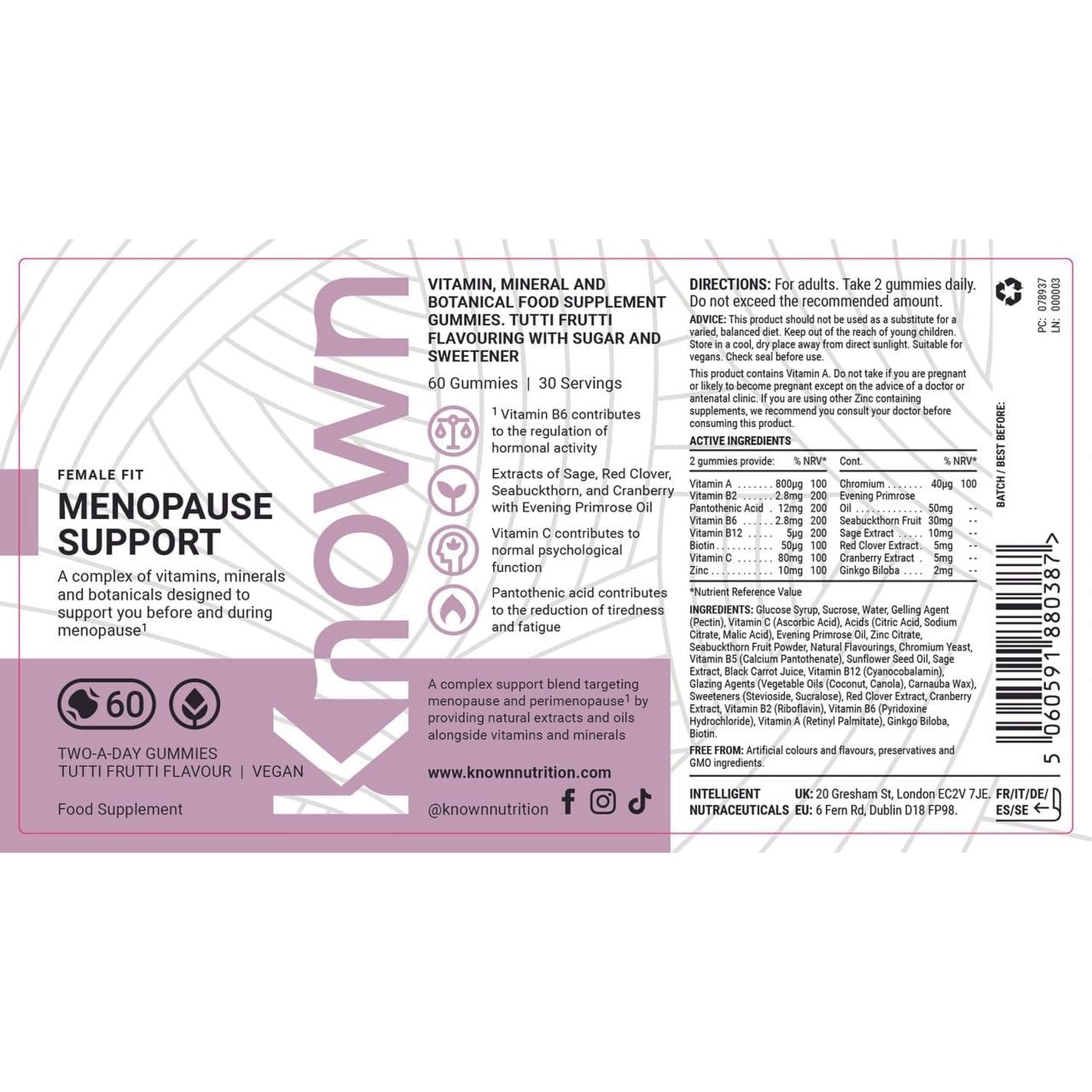 Known Menopause Support Gummies - Multivitamin - Supports Menopause Symptoms - Natural Tutti Frutti Flavour - 60 Vegan Gummies, 1 Month Supply