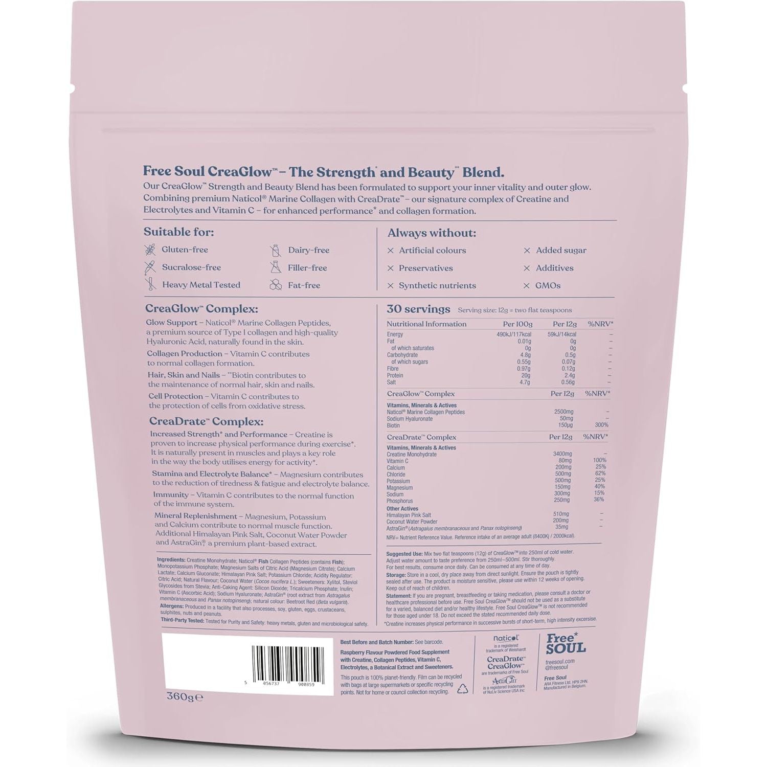 Creaglow™ Naticol Marine Collagen + Creatine Monohydrate + Electrolytes Powder | Glow & Strength All in 1 with Magnesium, Vitamin C, Biotin & Hyaluronic Acid | Raspberry Flavoured | Free Soul